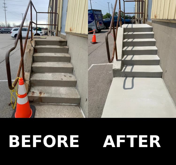 Before and after commercial concrete stair repair for an Amtrak-area job