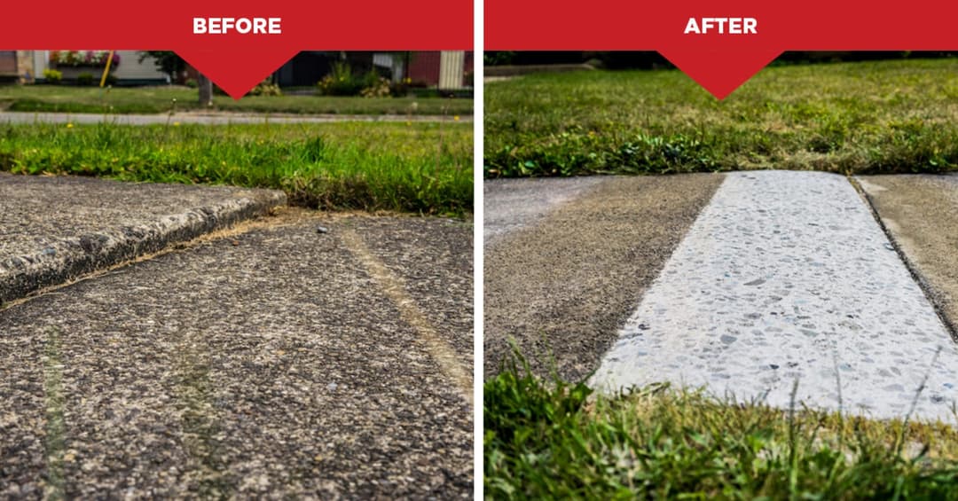 Before and after concrete shaving repair on a raised sidewalk