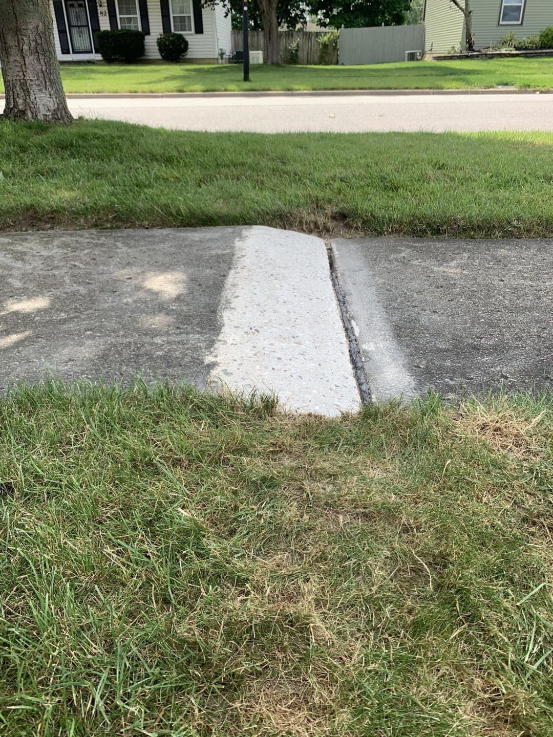 Uneven sidewalk with grass and trees nearby